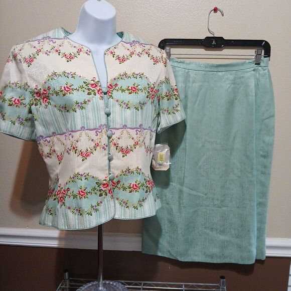 Adrianna Papell Petites Silk Skirt Suit Set 8P Sea Green Floral Designer NWT - Picture 1 of 9